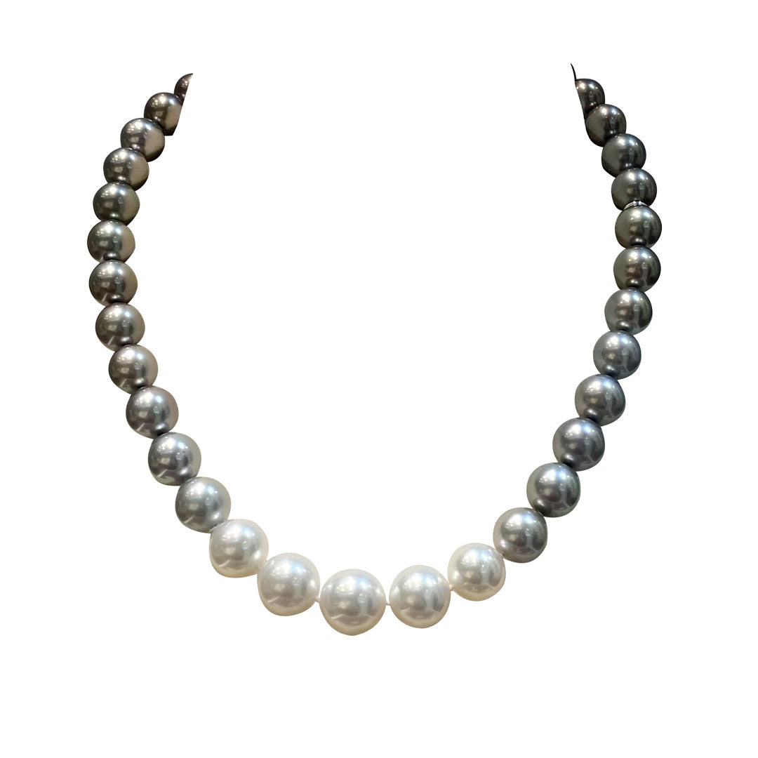 Introducing the Mikimoto 18K White Gold Multi Colour South Sea Pearl Necklace by Mikimoto, showcasing a single exquisite strand of lustrous silver-gray South Sea pearls that stand out beautifully on a white background.