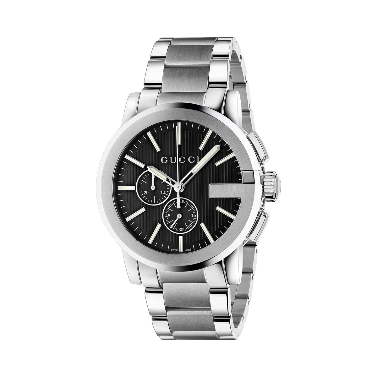 The GUCCI G-Chrono Quartz 44mm Watch is crafted from silver stainless steel, featuring a black dial with three sub-dials and silver hour markers for a modern monochrome aesthetic. The brand name GUCCI is prominently displayed on the watch face, while the bracelet showcases a blend of polished and brushed metal finishes.