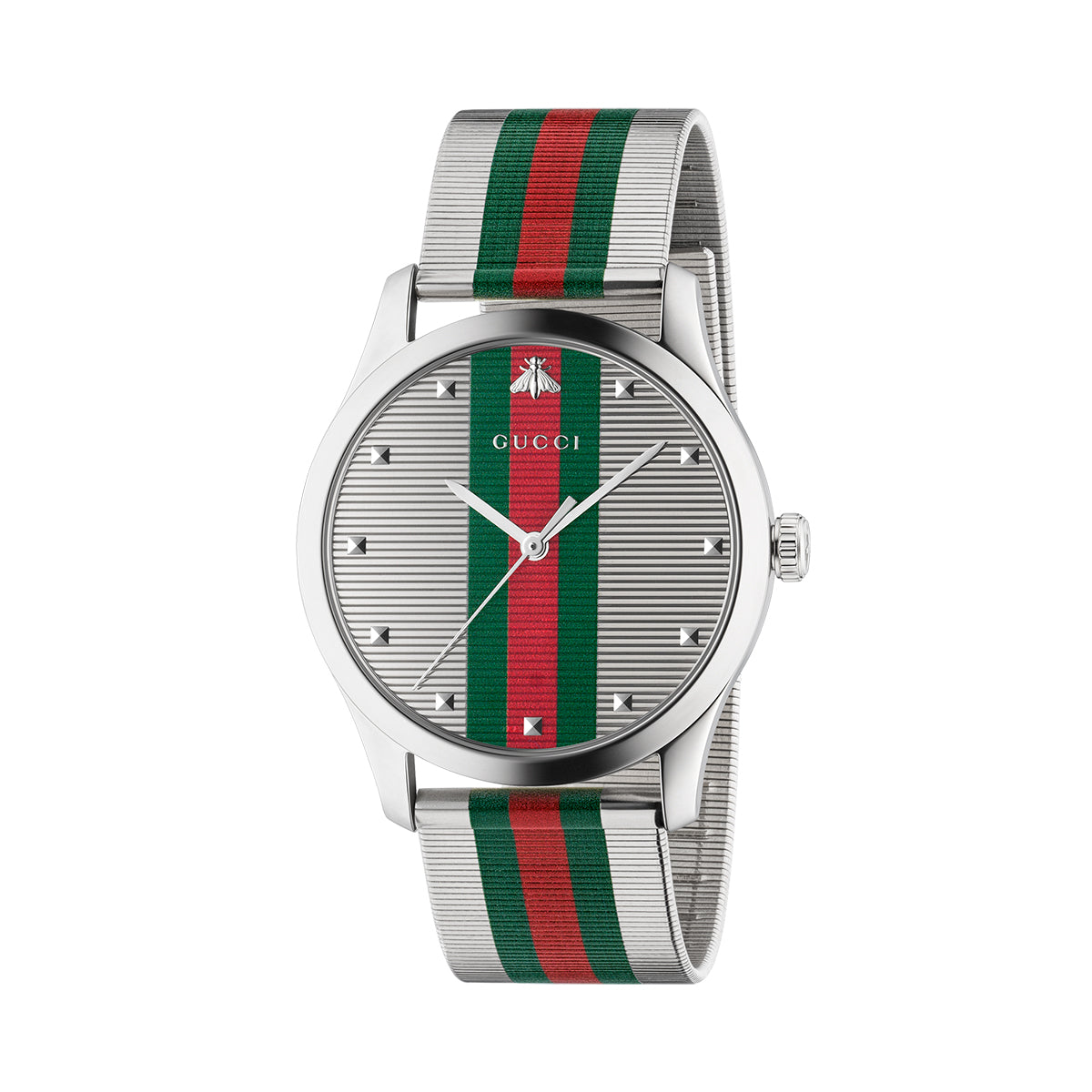 The Gucci G-Timeless Quartz 42mm Watch from GUCCI features a chic silver case and a striped display, highlighting the iconic House Web stripe with green and red bands. Its matching strap, designed in a steel mesh bracelet style, perfectly complements the star-shaped markers on the dial for a contemporary flair.