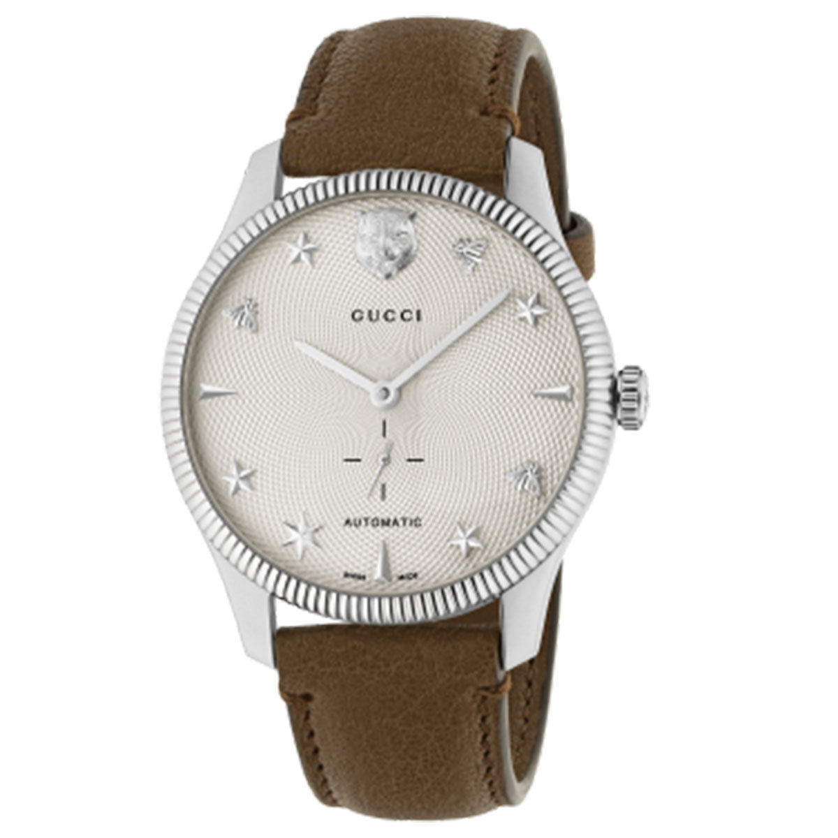 The Gucci G-Timeless Automatic 40mm Watch showcases a luxurious design with a white textured dial adorned with star markers and a lion motif. The silver bezel beautifully frames the watch's elegant features, including three hands and a brown leather strap. "GUCCI Watch" branding and the word "automatic" are prominently displayed on the dial, highlighting its Swiss Made craftsmanship.