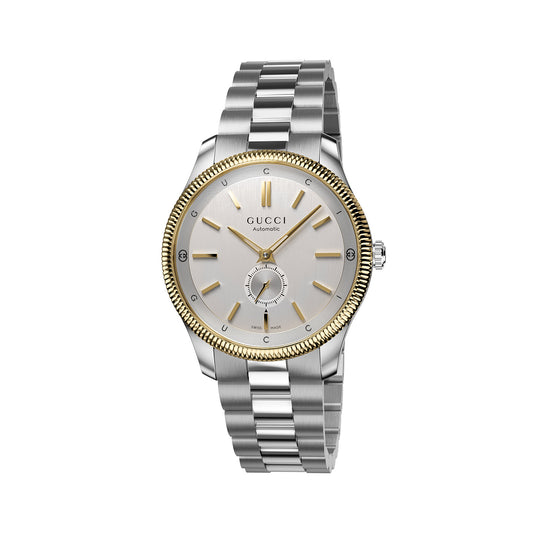 This luxurious Gucci G-Timeless Automatic 40mm Watch combines silver and gold in its design, featuring a metallic bracelet. Its round face is adorned with gold hour markers and includes a small second sub-dial. The dial is embellished with the interlocking G logo, the "Gucci" brand name, and "Automatic.