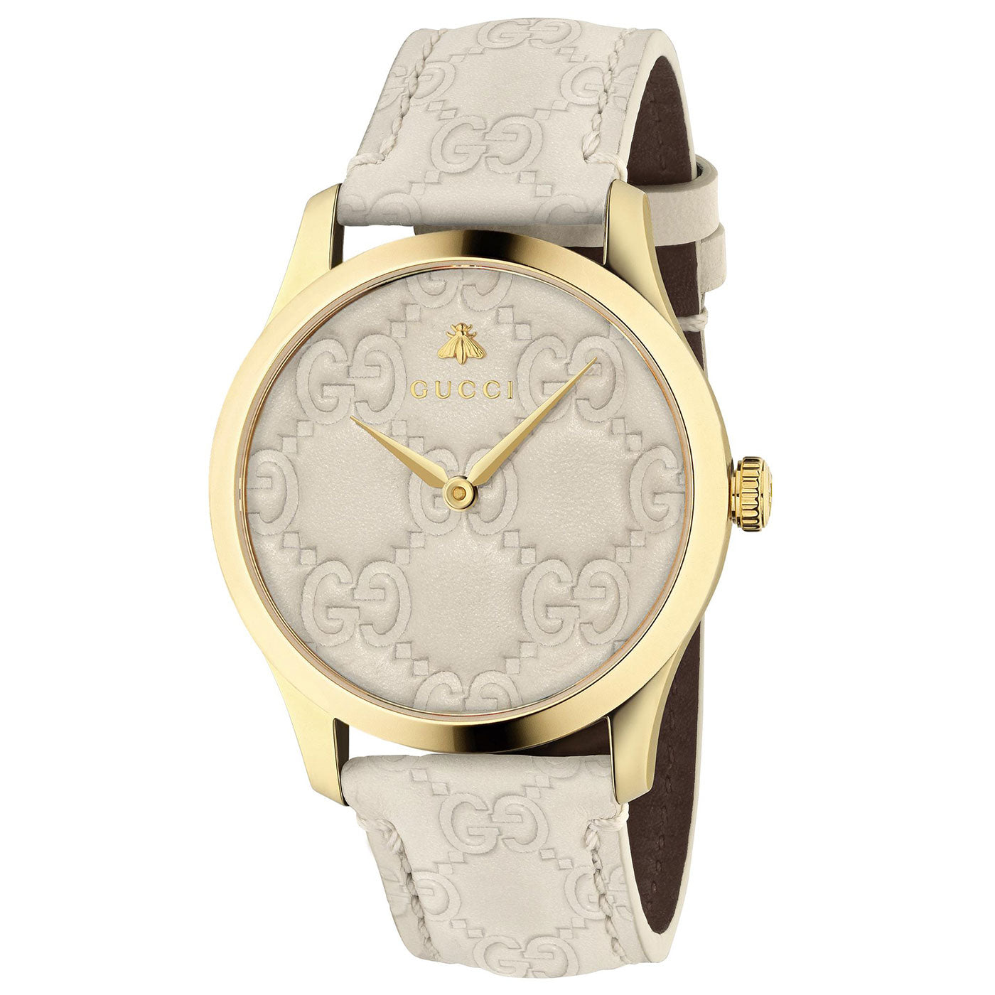 Introducing the Gucci G-Timeless Quartz 38mm Watch, a sophisticated timepiece by GUCCI. This watch boasts a beige design with a gold-tone case, complete with an embossed Gucci logo on both its strap and dial. Its face is adorned with gold hour markers and features an elegant bee motif at the 12 o'clock position.