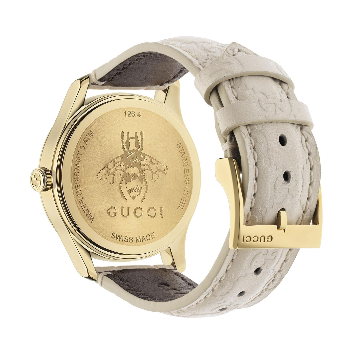 Close-up of the Gucci G-Timeless Quartz 38mm Watch by GUCCI, showcasing a gold case with an engraved bee and text on the back. The watch is paired with a beige leather strap featuring embossed details and a gold buckle. The text includes "WATER RESISTANT 5 ATM," "STAINLESS STEEL," "SWISS MADE," alongside the GUCCI brand logo.