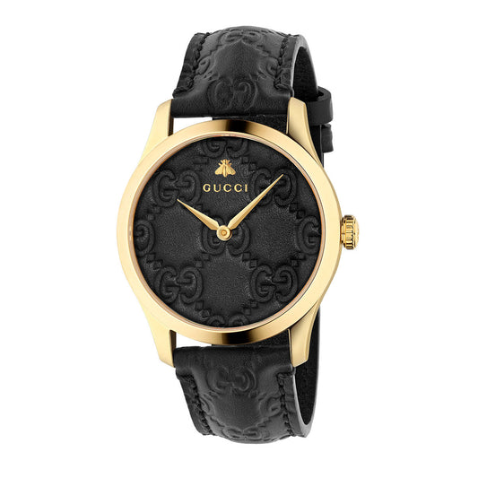 Explore the luxurious GUCCI Watch, the G-Timeless Quartz 40mm model, which boasts a gold-tone case and a black Gucci Signature leather strap. Its sophisticated black dial beautifully highlights the iconic GG logo alongside a delightful bee motif.