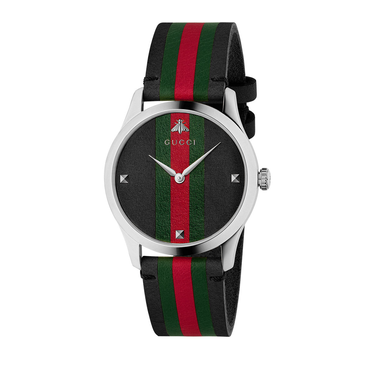 The Gucci G-Timeless Quartz 38mm Watch features a black dial embellished with the brand's signature green and red Web stripe motif. The strap echoes this bold design, accentuated by a streamlined silver bezel and a minimalist dial layout with polished silver markers.