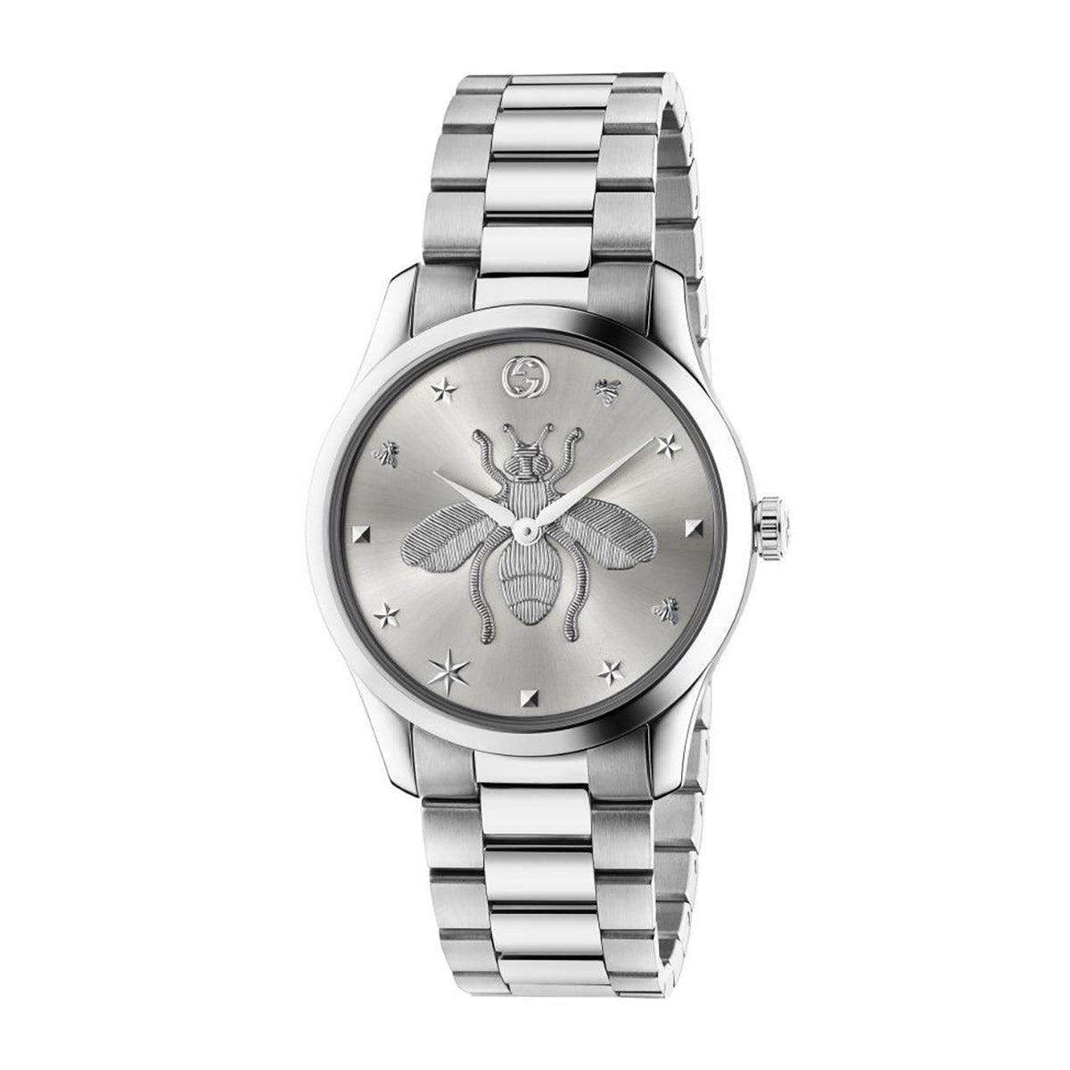 The Gucci G-Timeless Quartz 38mm Watch by GUCCI features the signature bee design on its face, adorned with delicate star and bee motifs. Its silver wristwatch style is enhanced by a metal bracelet and a sleek bezel that complements the detailed G-Timeless dial.