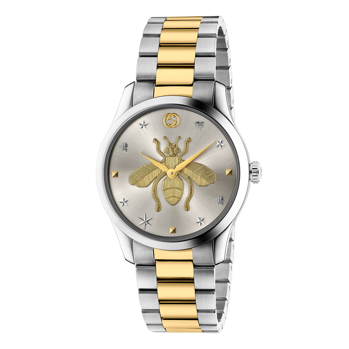 Experience the sophistication of the Gucci G-Timeless Quartz 38mm Watch by GUCCI, featuring a luxurious silver and gold metal band. The dial is adorned with a central Gucci bee design, complemented by star and insect motifs around it. It also includes a sleek silver bezel and a single winding crown on the right side for easy time adjustment.