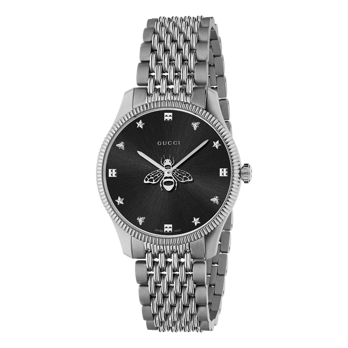 The Gucci G-Timeless Quartz 36mm Watch by GUCCI features a classic silver design with a black dial adorned with a bee motif. It includes a steel mesh strap and silver hour markers, complemented by star-shaped markers at the 12, 3, 6, and 9 o'clock positions.