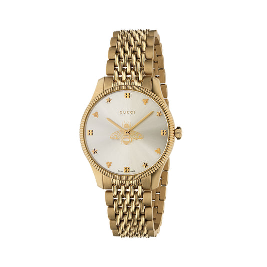 A GUCCI Watch G-Timeless Quartz 36mm features a yellow gold PVD finish with a metallic bracelet and round face. Its dial is adorned with bee motifs as hour markers, and the ridged bezel adds an elegant touch. The brand name "Gucci" is elegantly displayed at the top of the face.