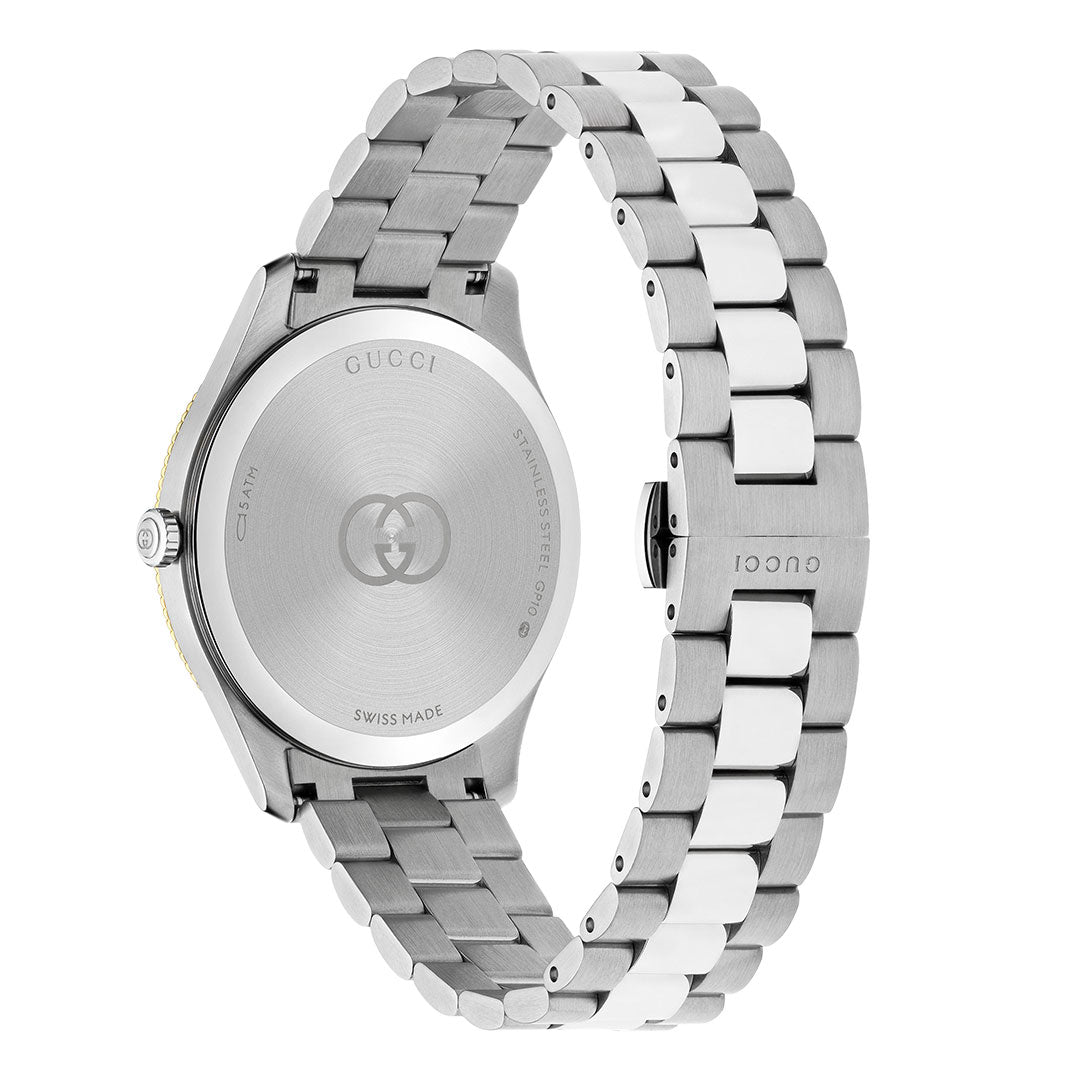 Back view of the GUCCI Watch G-Timeless Quartz 38mm with a silver-tone metal link band, engraved Gucci logo, Swiss Made label, and Interlocking G logo on the stainless steel case back.