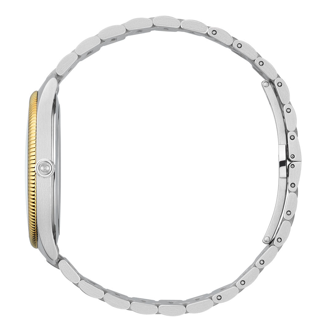 Side view of the Gucci G-Timeless Quartz 38mm Watch by GUCCI, featuring a silver metal link band, thin case, gold bezel, and visible crown. Swiss Made for exceptional quality; watch face not shown.