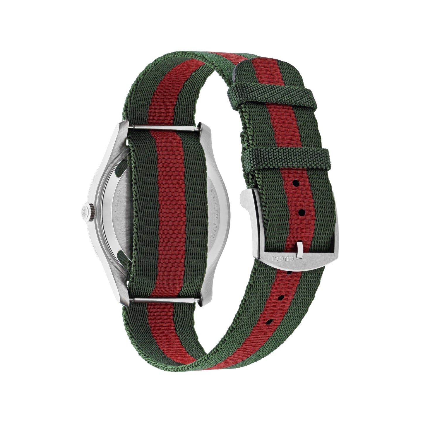 The GUCCI Watch, Gucci G-Timeless Quartz 38mm, is displayed with a green and red nylon strap and a sleek stainless steel case. The watch is shown from the back, emphasizing the adjustable strap featuring loops and a buckle.