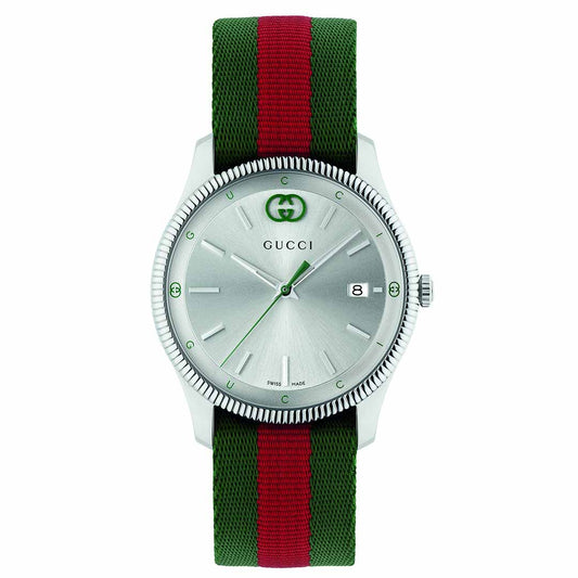 The Gucci G-Timeless Quartz 38mm Watch features a stainless steel case and minimalist design. Its silver round face is complemented by a green and red nylon strap, with the iconic GUCCI Watch logo on the dial, along with slim hands, markers, and a convenient date display.