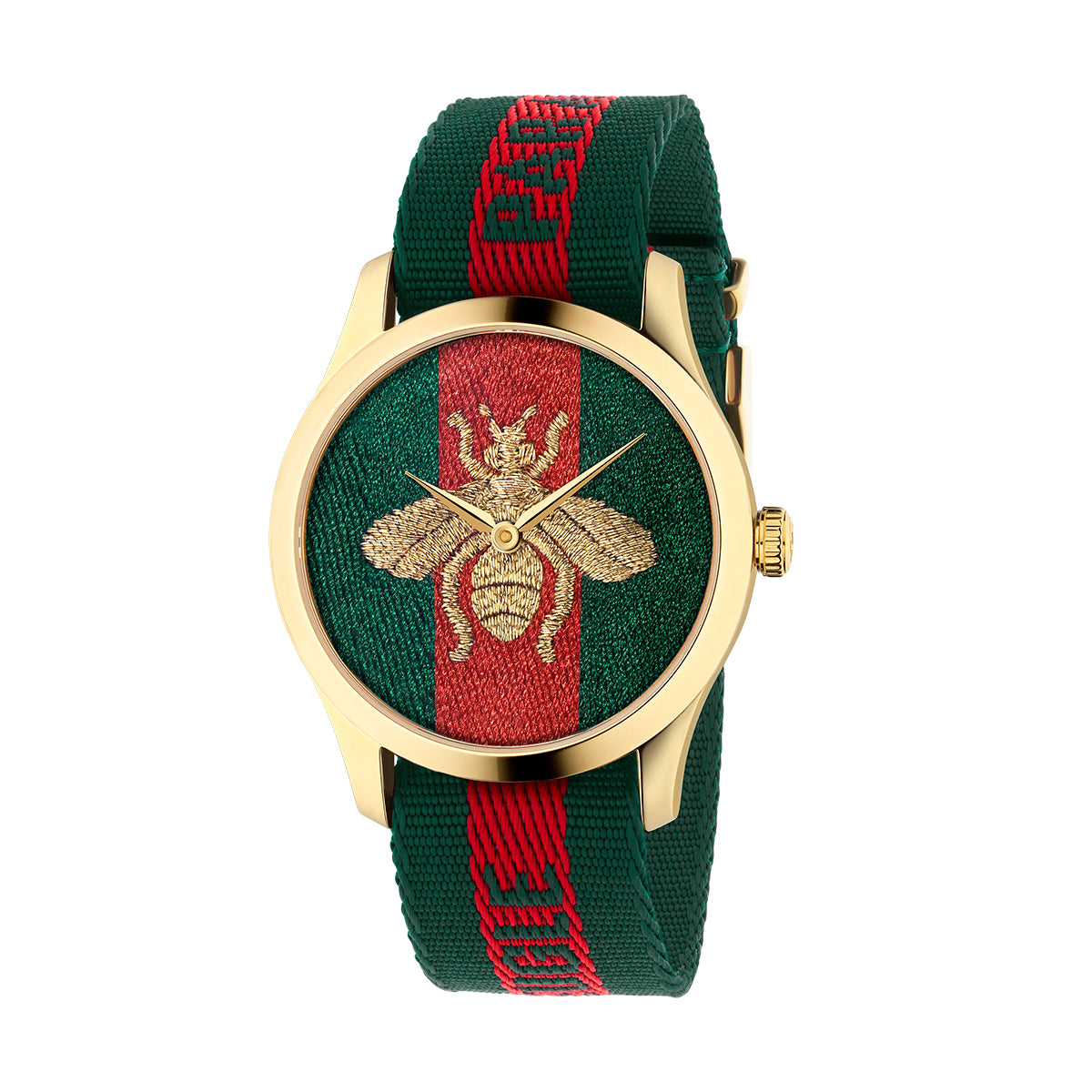 The GUCCI Watch, named the Gucci G-Timeless Le Marche Des Merveilles Green and Red Bee Quartz 38mm, boasts a gold face adorned with an embroidered bee symbol at its center. It is paired with a green and red striped nylon Web strap and features gold watch hands.