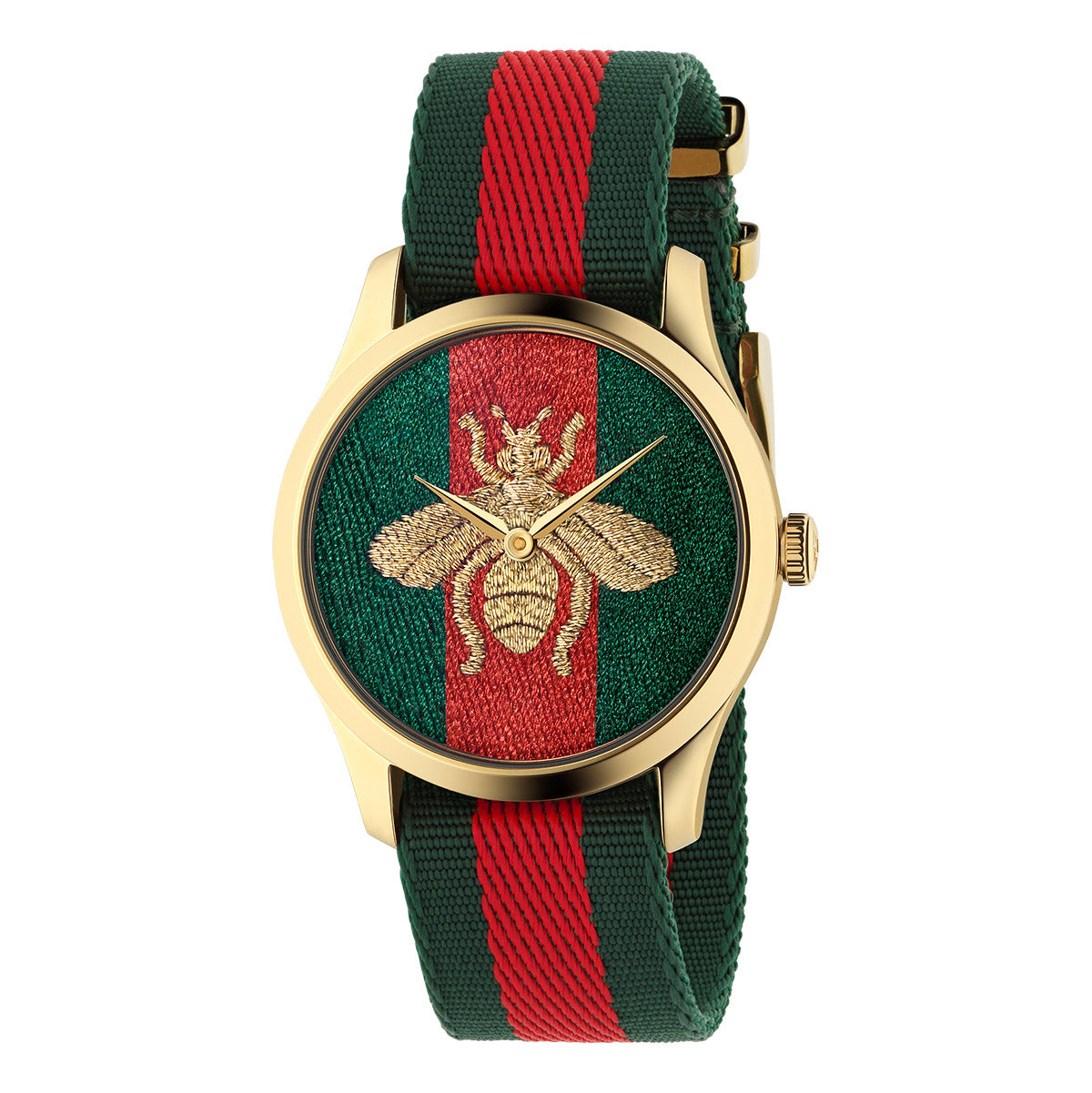 The Gucci G-Timeless Le Marche Des Merveilles Green and Red Bee Quartz 38mm Watch, by GUCCI Watch, features a gold-tone case paired with a green and red fabric strap that embodies the spirit of the Gucci Garden. Its dial is adorned with an embroidered Gucci bee on a vibrant background, offering an exquisite statement piece.