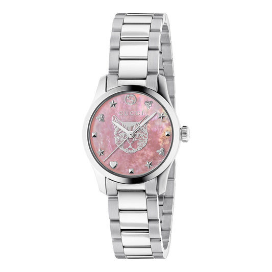 The Gucci G-Timeless Quartz 28mm Watch from GUCCI Watch showcases a silver wristwatch with a metal band, highlighted by a pink face featuring a Mystic cat illustration at its center. The dial is adorned with star and Gucci bee motifs, alongside the elegant "GUCCI" imprint on the face.