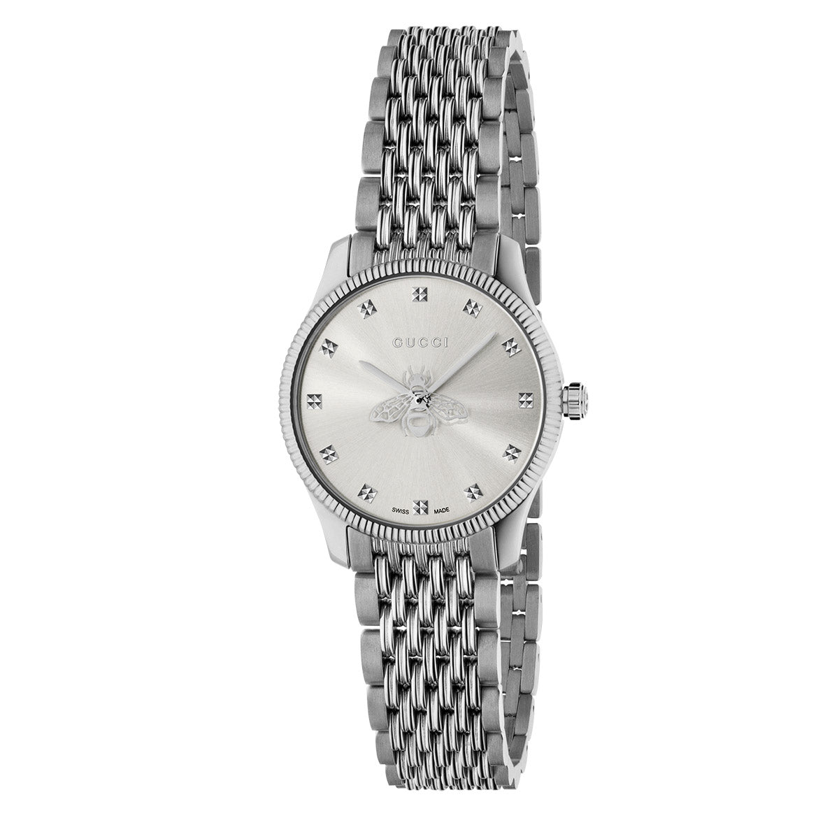 Introducing the Gucci G-Timeless Quartz 29mm Watch, a sleek silver wristwatch from GUCCI, showcasing a woven metal band and a round sunbrushed dial. Its minimalistic design features subtle hour markers and an understated logo, making it an elegant accessory perfect for both casual and formal events.