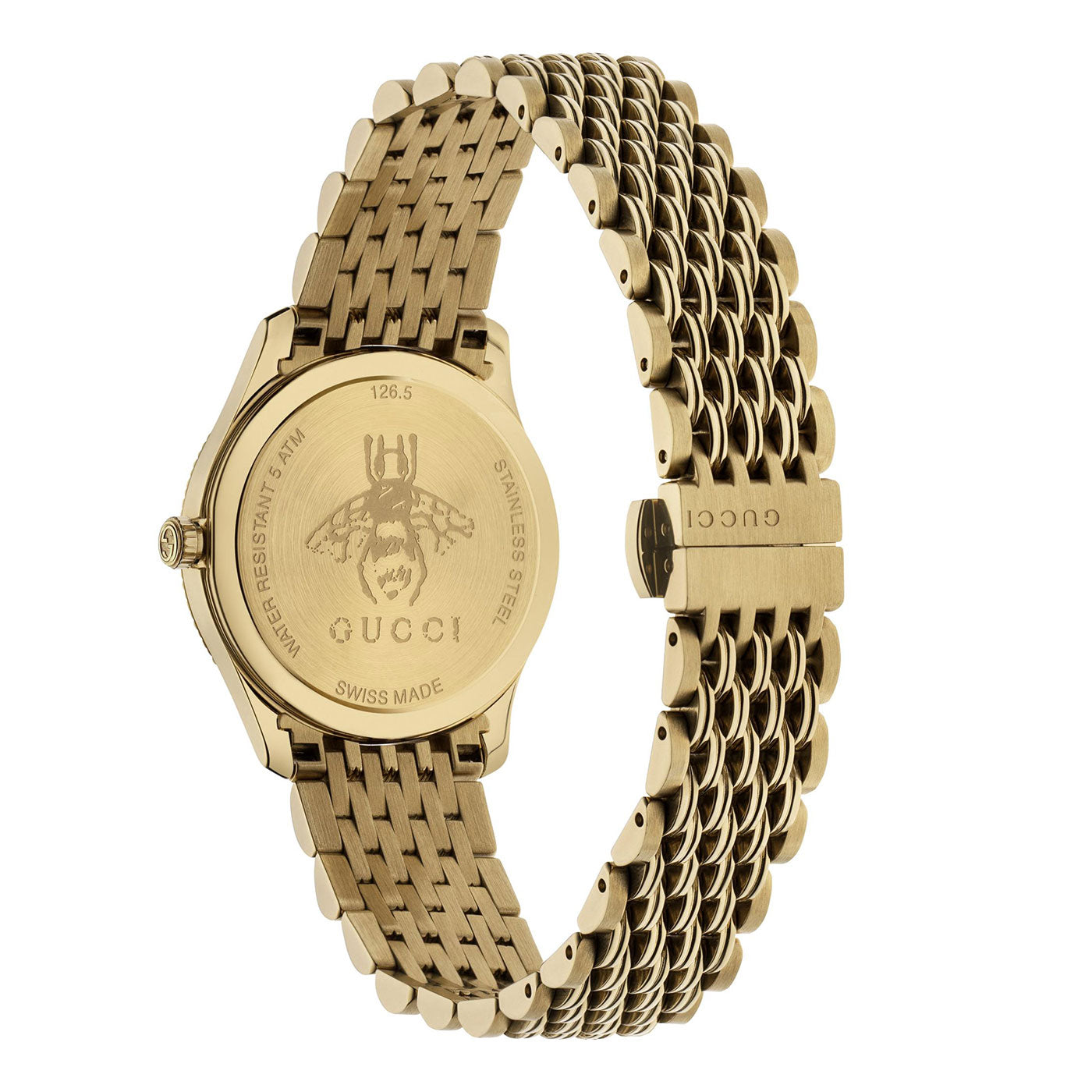 The back view of the Gucci G-Timeless Quartz 29mm Watch reveals its gold design with a woven metal strap. The watch proudly displays an engraved bee on the reverse side, and includes the GUCCI Watch brand name alongside essential technical specifications such as water resistance and stainless steel construction.