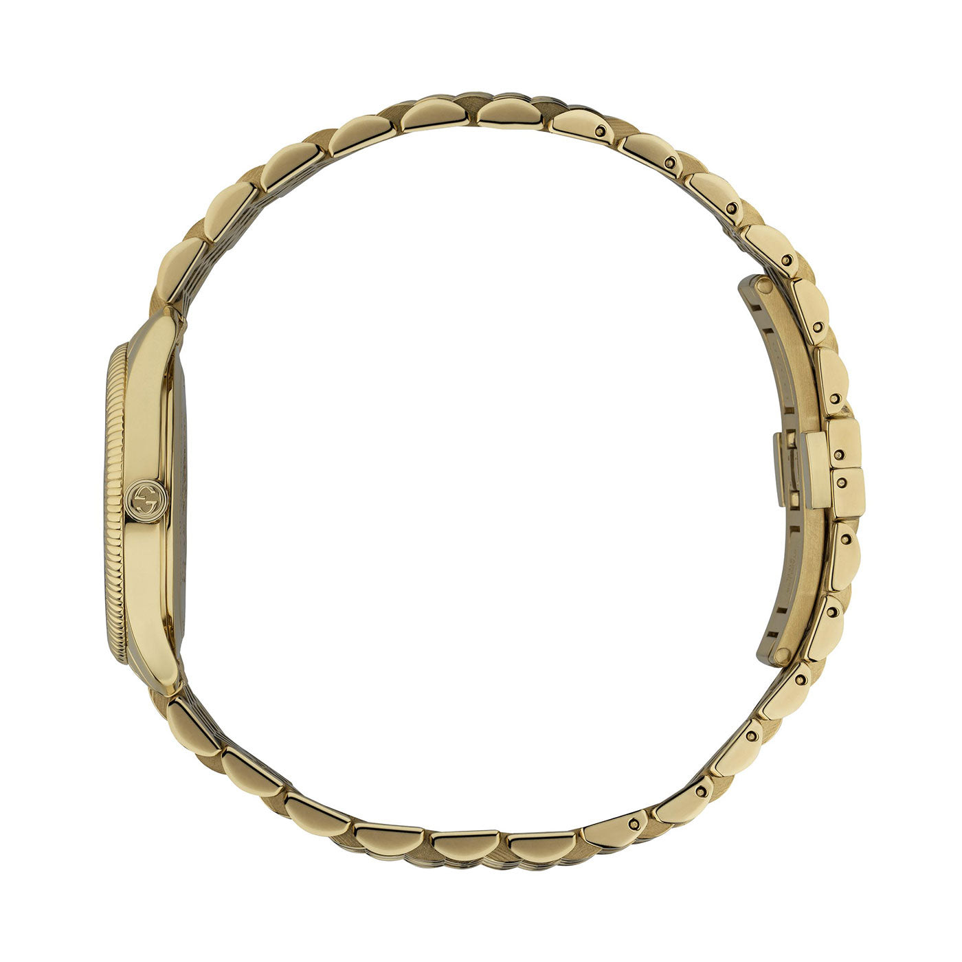 Side view of the Gucci G-Timeless Quartz 29mm Watch by GUCCI, showcasing a gold link bracelet. The watch boasts a simple, elegant design with a textured edge on the dial casing and a visible clasp on the band.