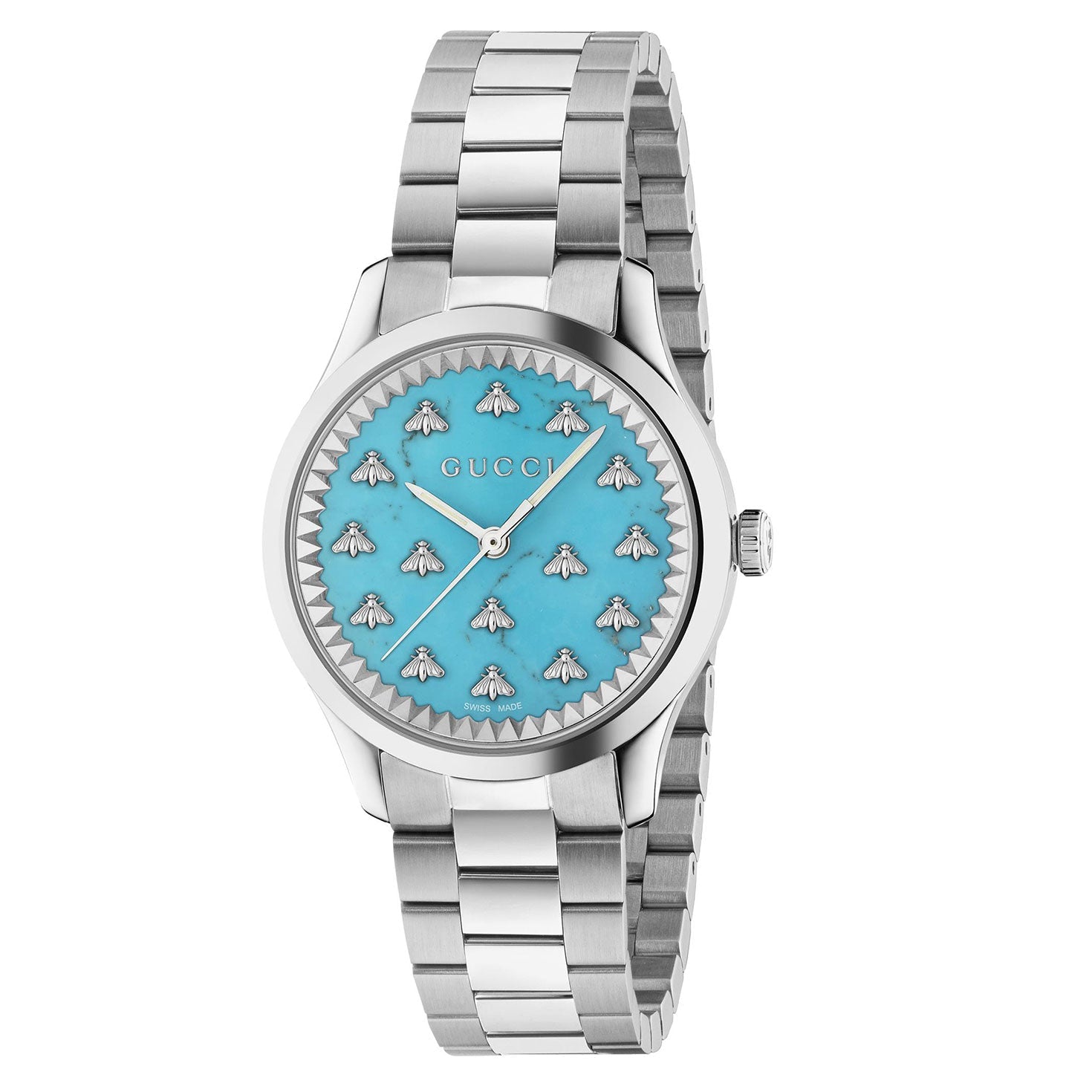 A Gucci G-Timeless Quartz 32mm watch featuring a polished metal strap in silver and a turquoise face. The dial is adorned with small silver bee motifs, and the brand name "GUCCI" is prominently displayed at the center.