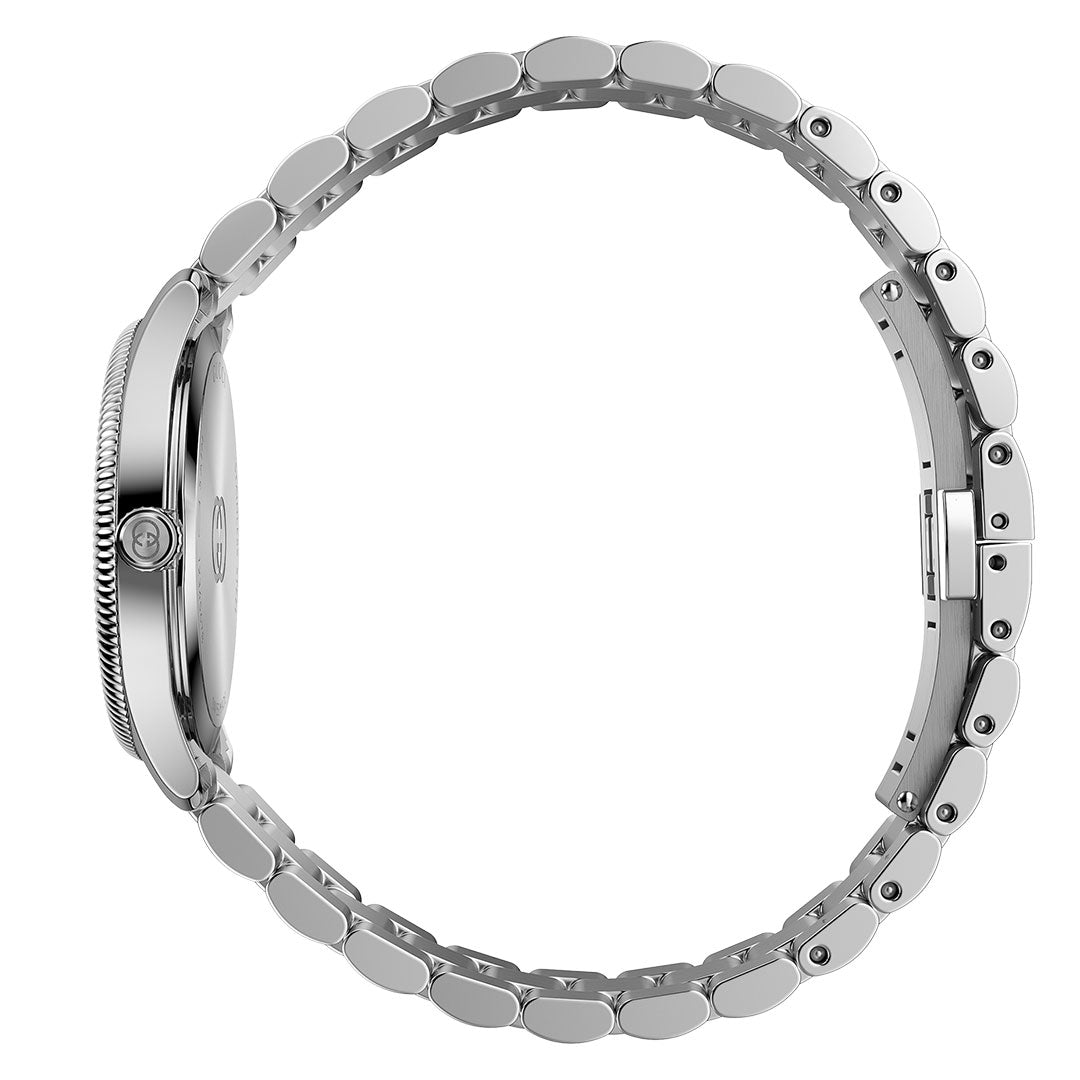 Side view of the GUCCI G-Timeless Quartz 29mm Watch, featuring a slim case, crown, and a stainless steel bracelet with metal links.