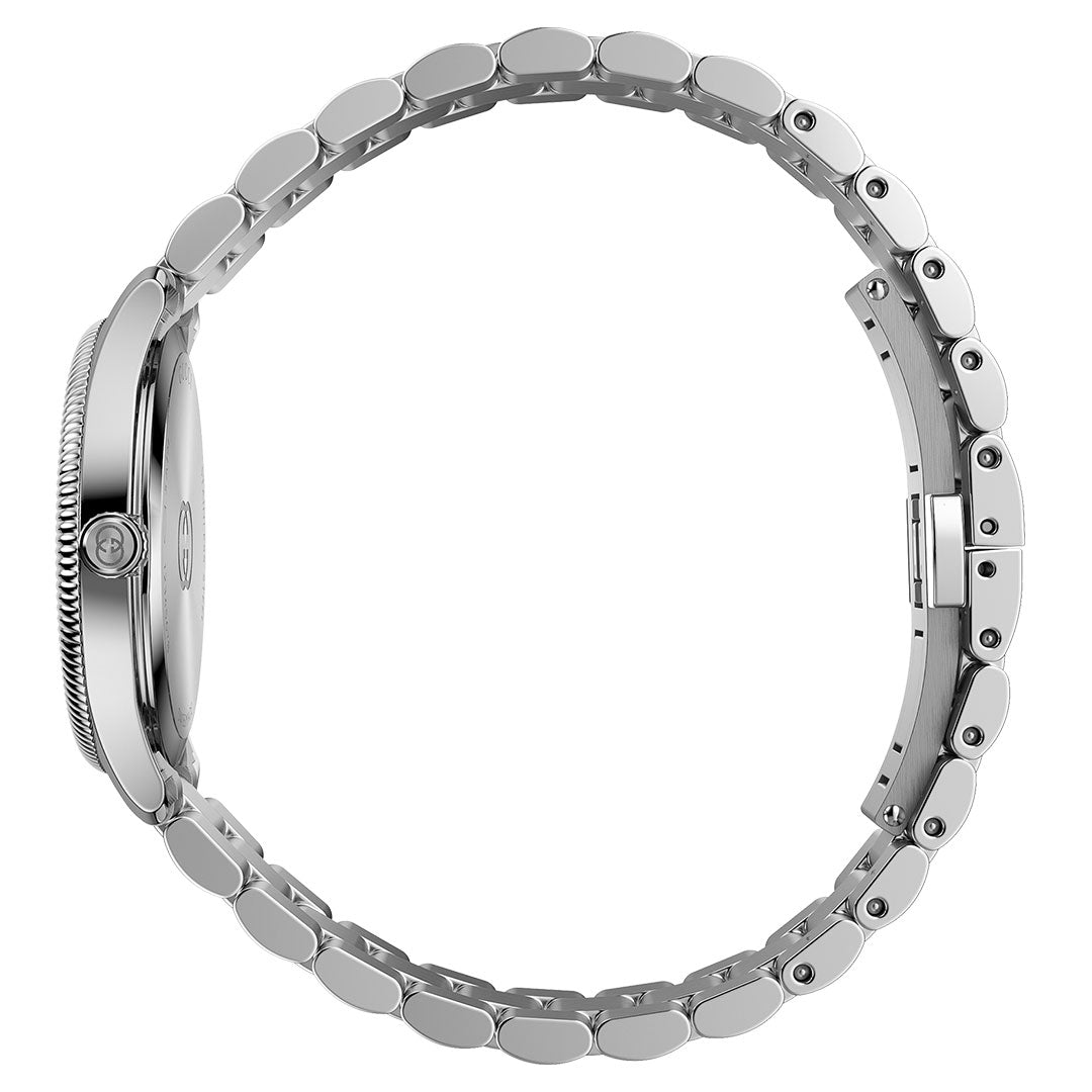 A side view of the GUCCI Watch G-Timeless Quartz 29mm shows its slim silver case, polished metal bracelet with closed clasp, and signature Gucci elegance.