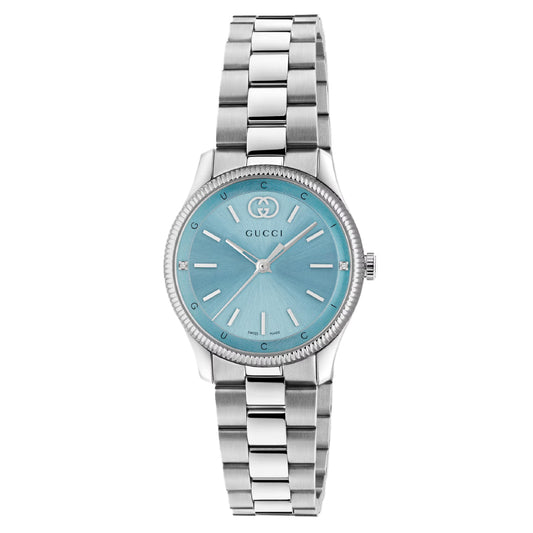 The Gucci G-Timeless Quartz 29mm Watch features a stainless steel bracelet, light blue face, silver hour markers and hands, the Gucci logo, and reliable quartz movement.