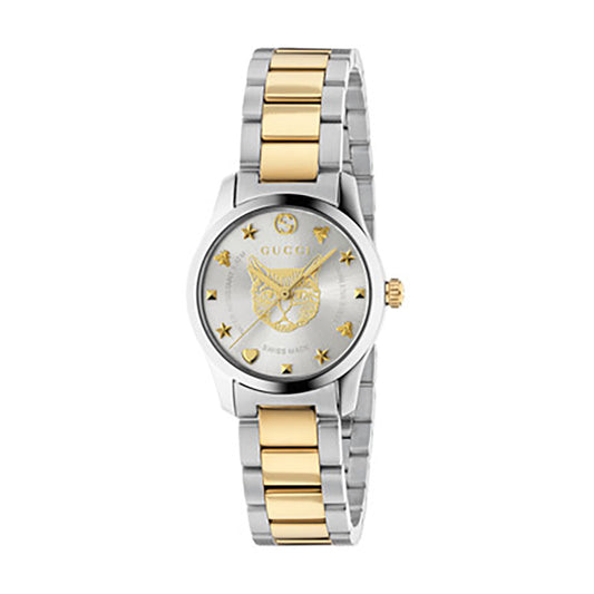 Introducing the Gucci G-Timeless Quartz 27mm Watch by GUCCI, showcasing a distinctive silver-faced dial accented with star and heart markers. The timepiece is elegantly complemented by a silver and gold metal band, highlighting a bee engraving at its center to enhance its traditional design. Gold detailing adds an exquisite finishing touch to this elegant watch.