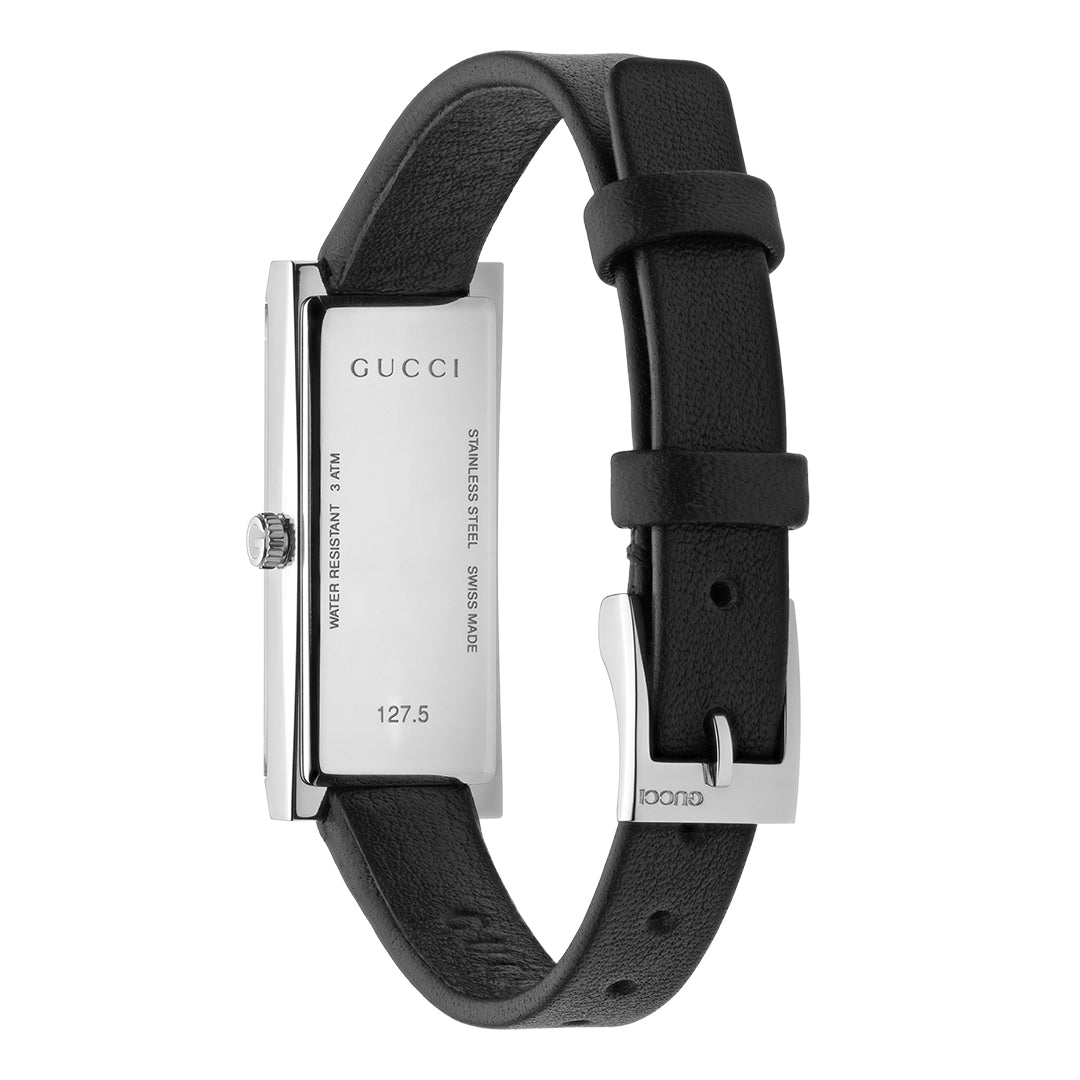 This Gucci G-Frame Quartz 14 X 34mm watch from the GUCCI Watch collection features a stainless steel design and a black leather strap, offering a side view that highlights its sleek pink dial. The watch face showcases key details, including its water resistance and model number, while the buckle is adorned with the iconic Gucci logo.