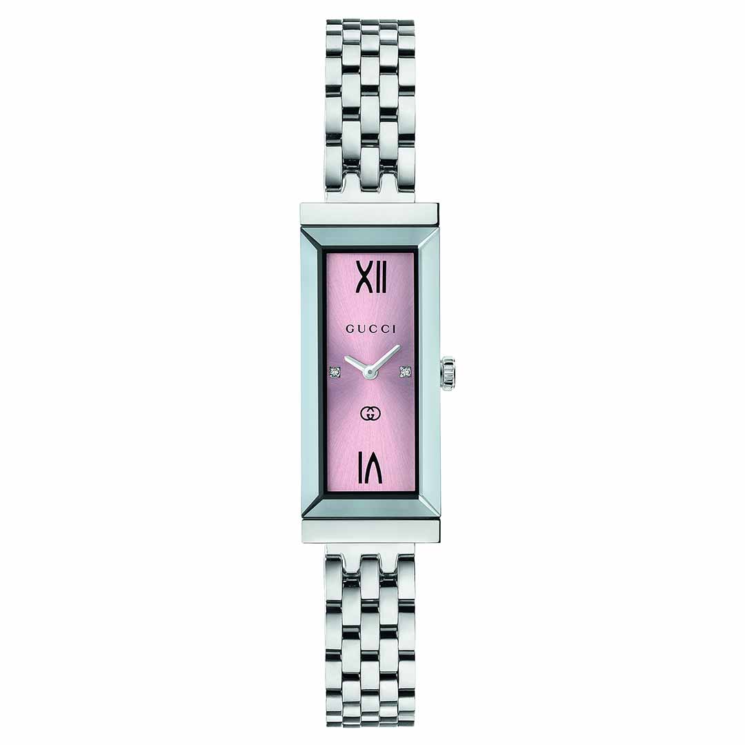 The Gucci G-Frame Quartz 14mm x 34mm Watch showcases a rectangular pink dial adorned with diamonds and silver Roman numerals at the 12 and 6 positions. Its stainless steel case and link bracelet exude elegance, featuring two diamond accents at the 3 and 9 positions, with the "Gucci" logo elegantly displayed beneath the number 12.