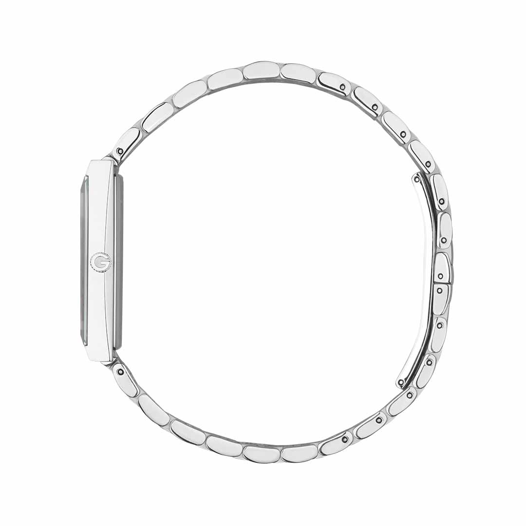 Side view of the elegant Gucci G-Frame Quartz 14mm x 34mm watch from GUCCI Watch, featuring a sophisticated silver metal band and a narrow profile. The stainless steel case harmonizes with its uniformly shaped links and discreet clasp, making it perfect for any occasion.