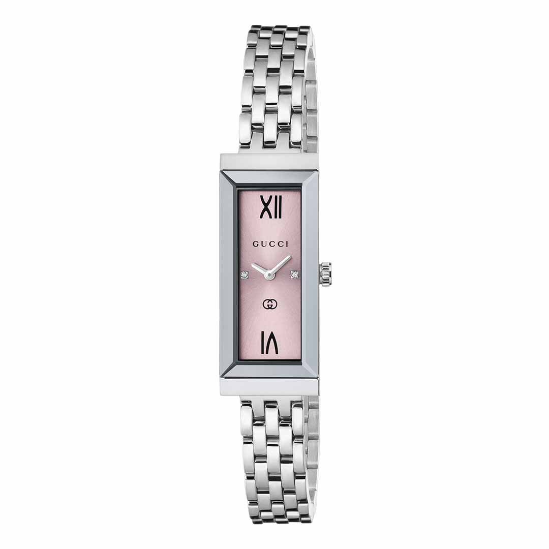 Gucci G-Frame Quartz 14mm x 34mm Watch by GUCCI Watch: This rectangular timepiece boasts a stainless steel case and a silver linked band. The pink dial features diamonds and displays Roman numerals at the 12 and 6 positions, with diamond markers at the 3 and 9. The hands are tastefully silver-toned.