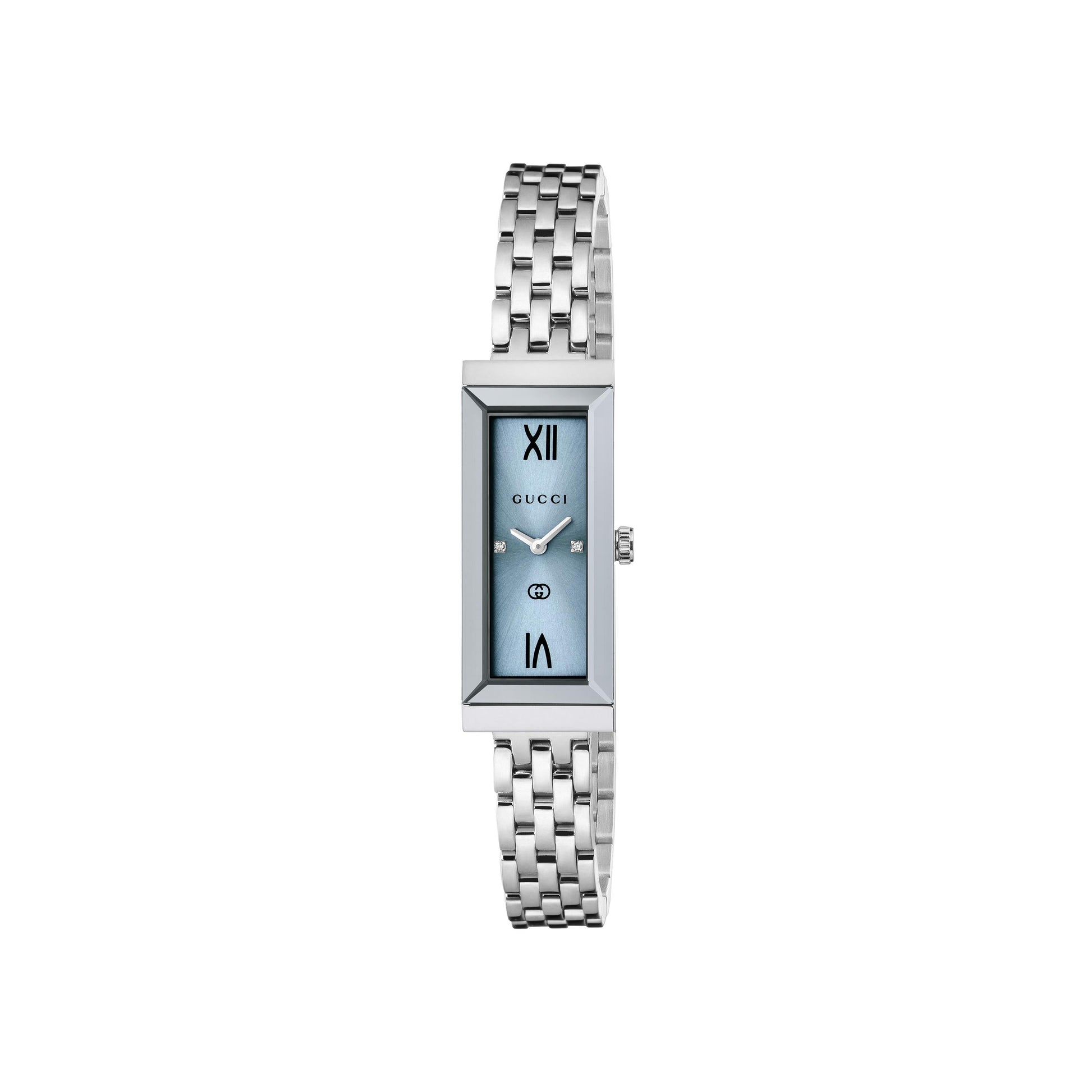 The Gucci G-Frame Quartz 14mm x 34mm Watch features a slim rectangular blue face with Roman numerals at 12 and 6, minimalist hands, Swiss Made mark, and a stainless steel bracelet bearing the GUCCI logo.