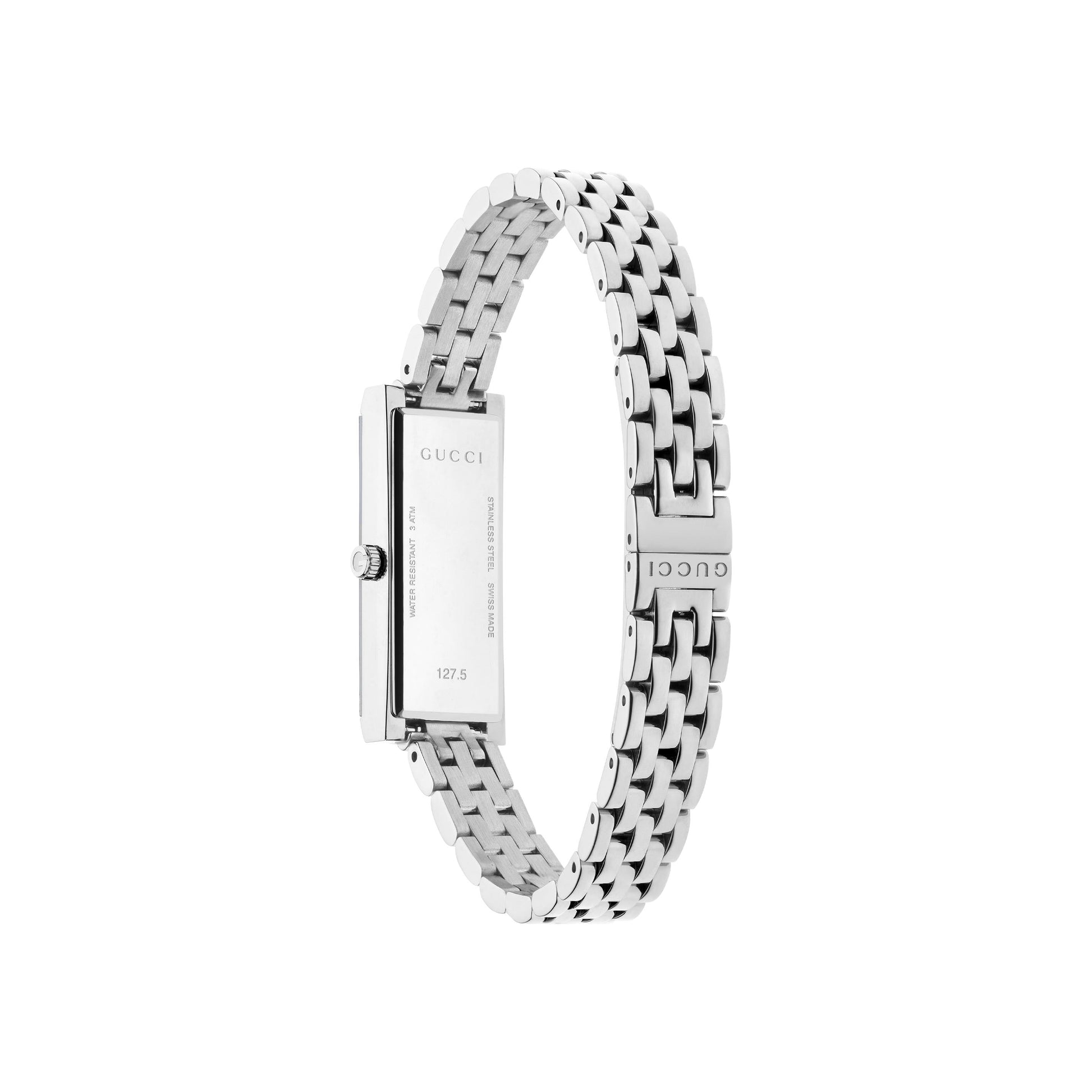 The GUCCI G-Frame Quartz 14mm x 34mm Watch features a slim rectangular silver case and stainless steel bracelet, seen from the side/back with engraved branding. Its Swiss Made craftsmanship is evident in every detail.