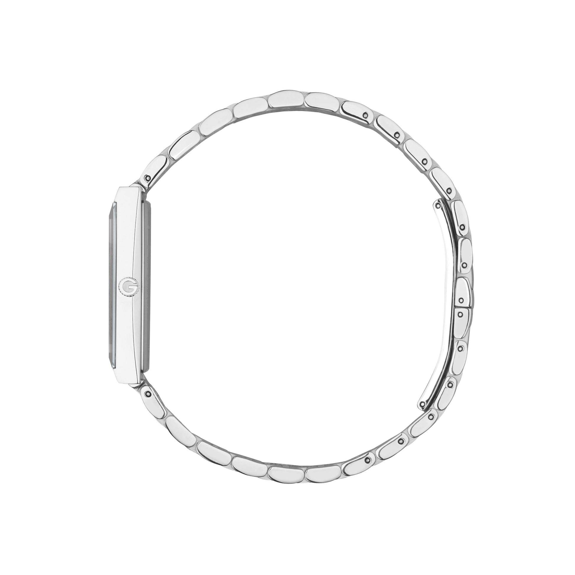 Side view of a silver Gucci G-Frame Quartz 14mm x 34mm Watch by GUCCI Watch with a slim rectangular case, stainless steel bracelet, and "G" logo on the crown, displayed horizontally against a white background.