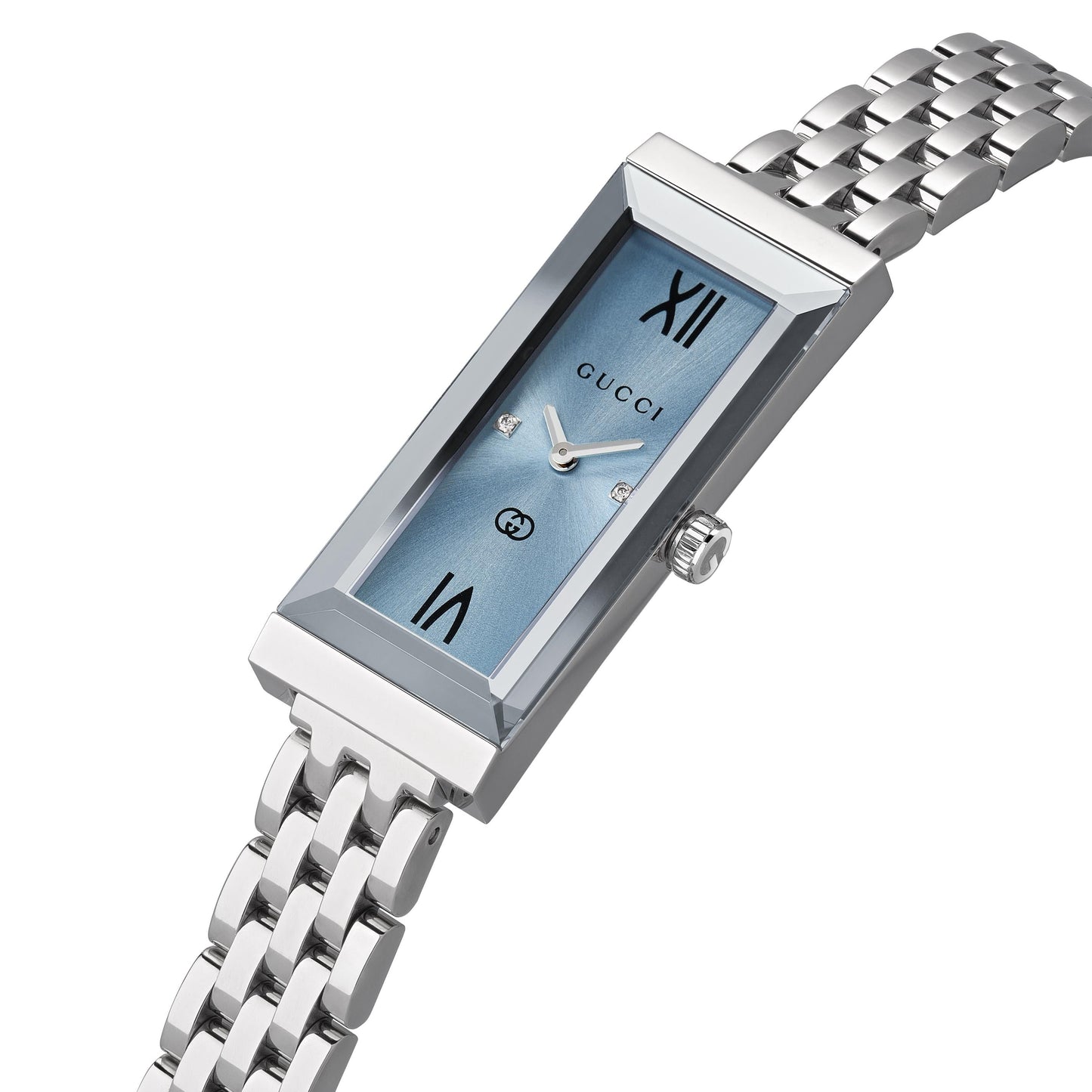 The GUCCI G-Frame Quartz 14mm x 34mm Watch features a rectangular silver case, light blue dial with silver hands, Roman numerals XII and VI, Gucci logo, Swiss Made mark, two crystal markers, and a stainless steel bracelet.