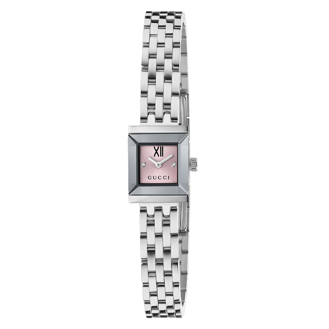 The Gucci G-Frame Quartz 14 X 18mm watch, a women's wristwatch from the GUCCI collection, features a pink rectangular dial adorned with minimalistic hour markers and a Roman numeral "XII" at the top. Its elegant design is complemented by a sleek stainless steel bracelet.