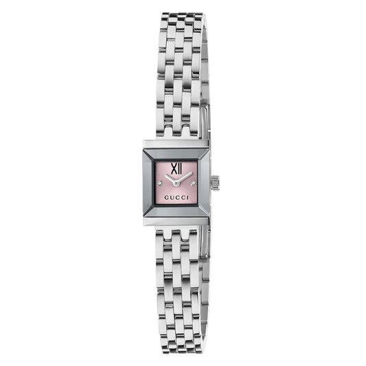 The Gucci G-Frame Quartz 14 X 18mm watch, a women's wristwatch from the GUCCI collection, features a pink rectangular dial adorned with minimalistic hour markers and a Roman numeral "XII" at the top. Its elegant design is complemented by a sleek stainless steel bracelet.