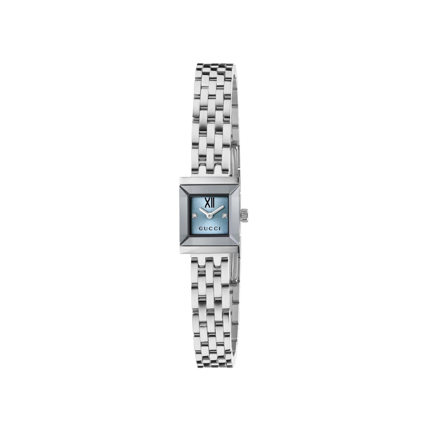 The Gucci G-Frame Quartz 14mm x 18mm Watch for women features a rectangular blue face with Roman numeral XII, a slim stainless steel bracelet, minimalist Swiss Made design, and a small crown on the right side.