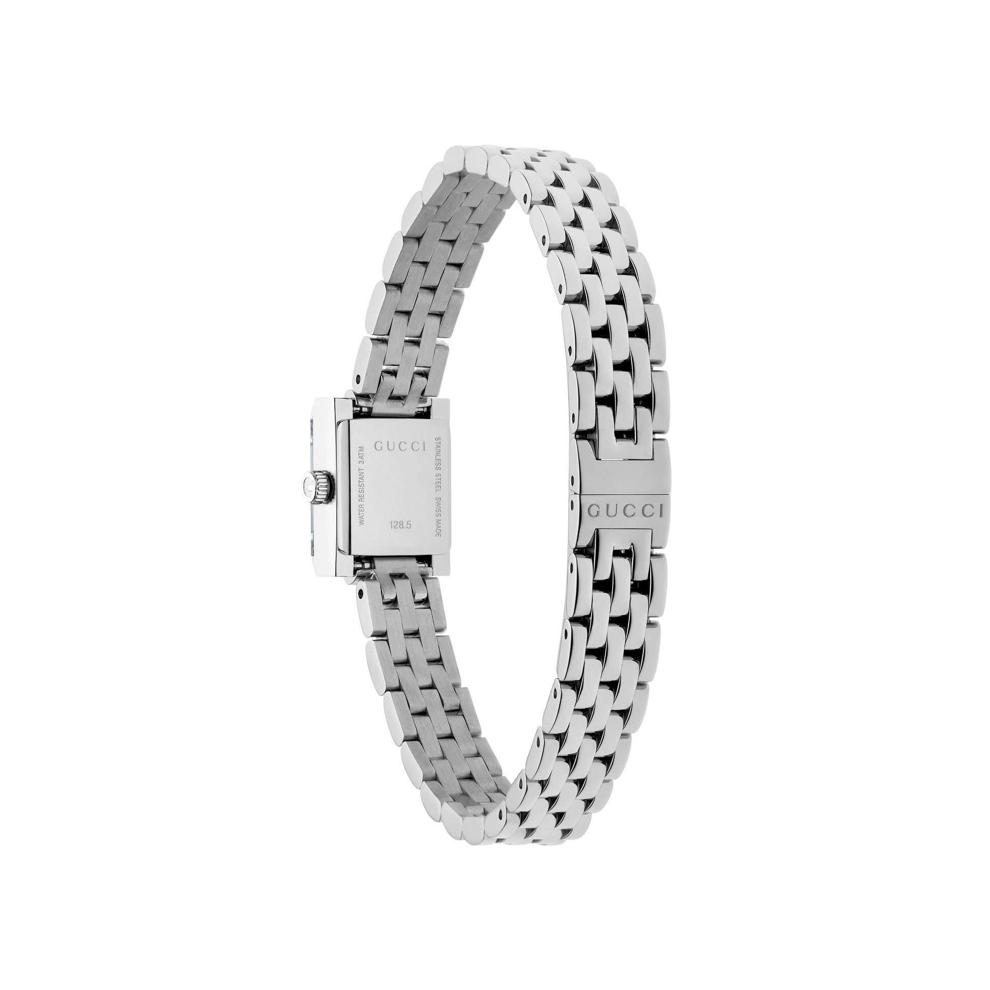 A GUCCI G-Frame Quartz 14mm x 18mm Watch in silver, featuring a square face and stainless steel bracelet with engraved Gucci logos, is displayed from the side on a white background.