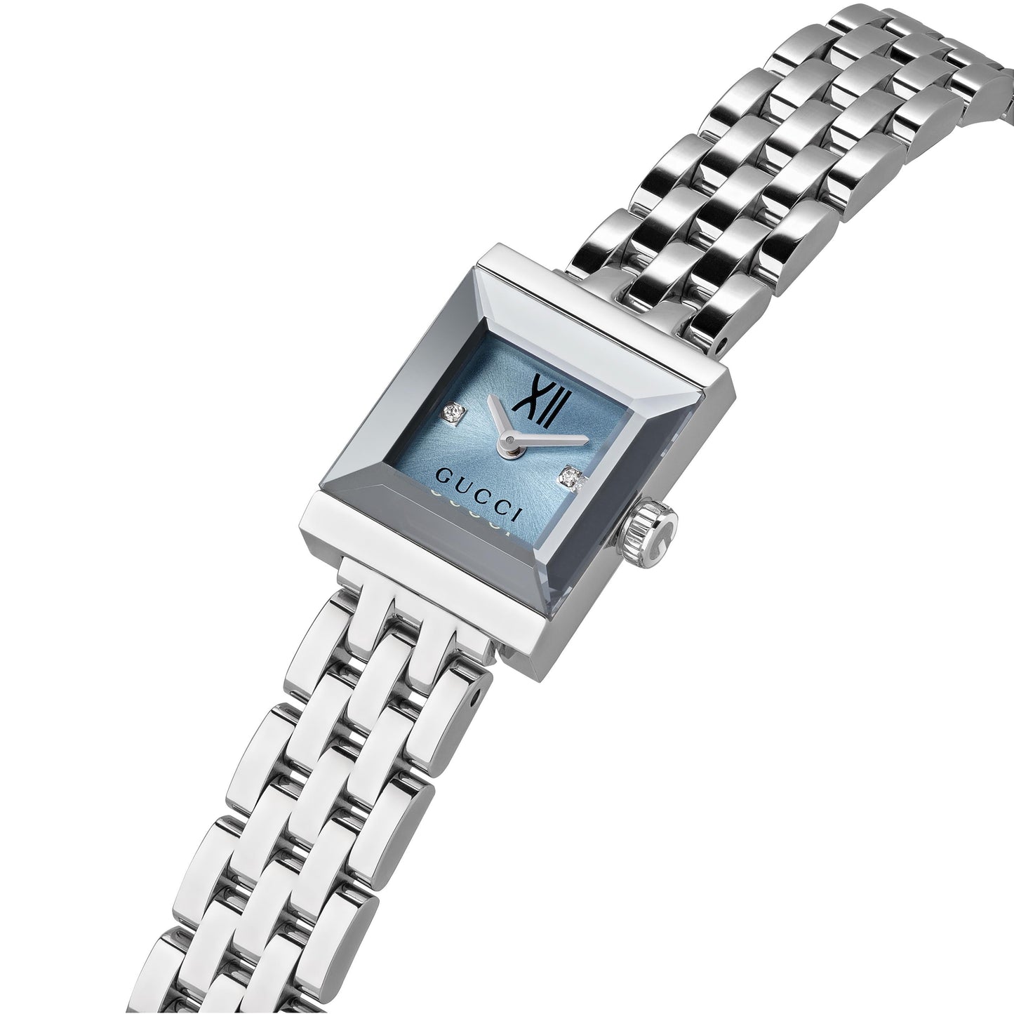 The GUCCI G-Frame Quartz 14mm x 18mm Watch features a silver tone, square blue face with Roman numeral XII, two diamond hour markers, and a stainless steel bracelet, displayed at an angle on a white background.