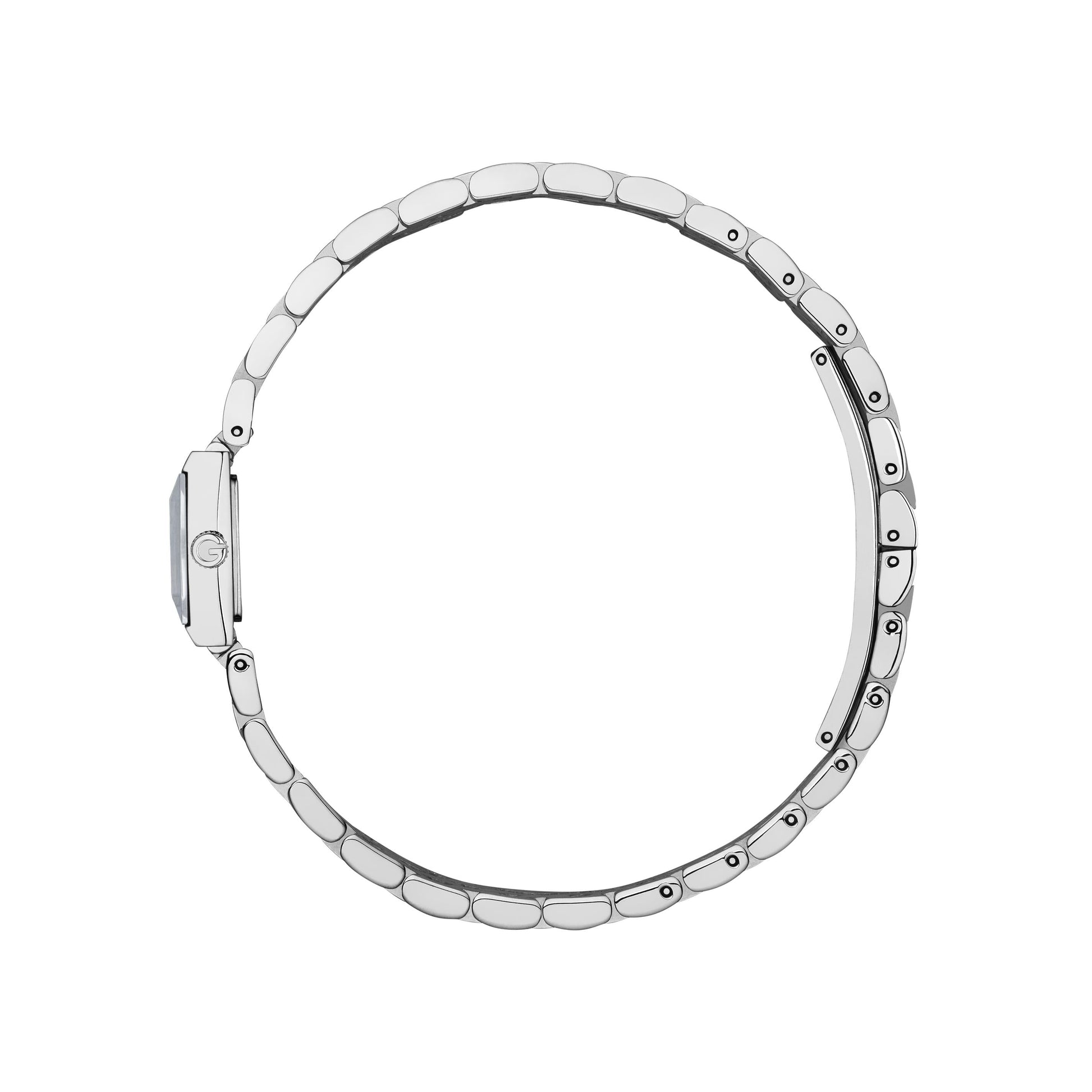 A side view of the GUCCI G-Frame Quartz 14mm x 18mm Watch shows its thin, silver stainless steel bracelet forming a near-complete circle, highlighting the watch's sleek, minimal profile. The watch face is hidden.