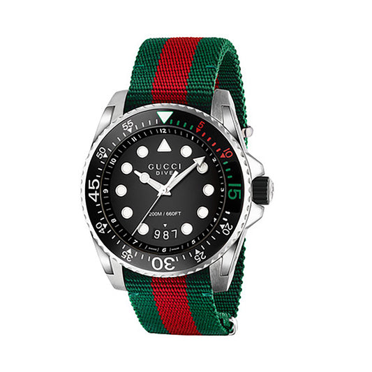 The Gucci Dive Quartz 45mm Watch from GUCCI Watch features a striking black dial paired with a sleek silver bezel, highlighted by prominent white hour markers and a practical date display. Its most remarkable feature is the eye-catching nylon Web strap adorned with iconic green and red stripes, ideal for fashion aficionados who value diving-inspired sophistication.