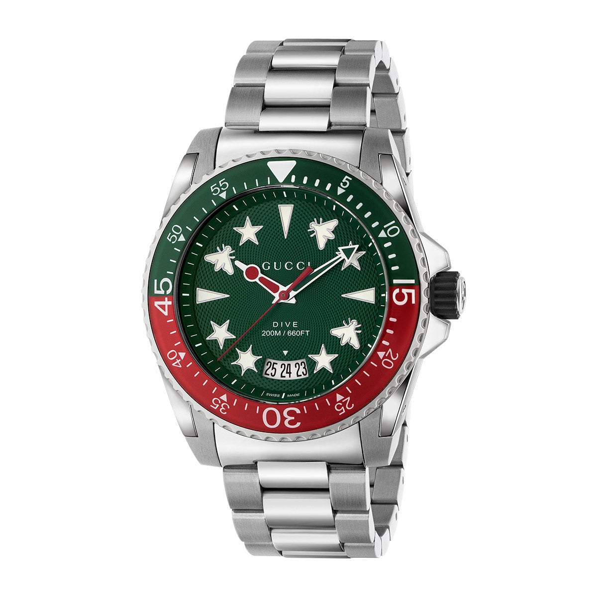 The Gucci Dive Quartz 45mm Watch by GUCCI boasts a stainless steel bracelet and a round, green face with a distinctive red and green bezel decorated with star and bee designs. White numerals, markers, and a date window at the 6 o'clock position enhance the allure of this fashionable diver's timepiece.