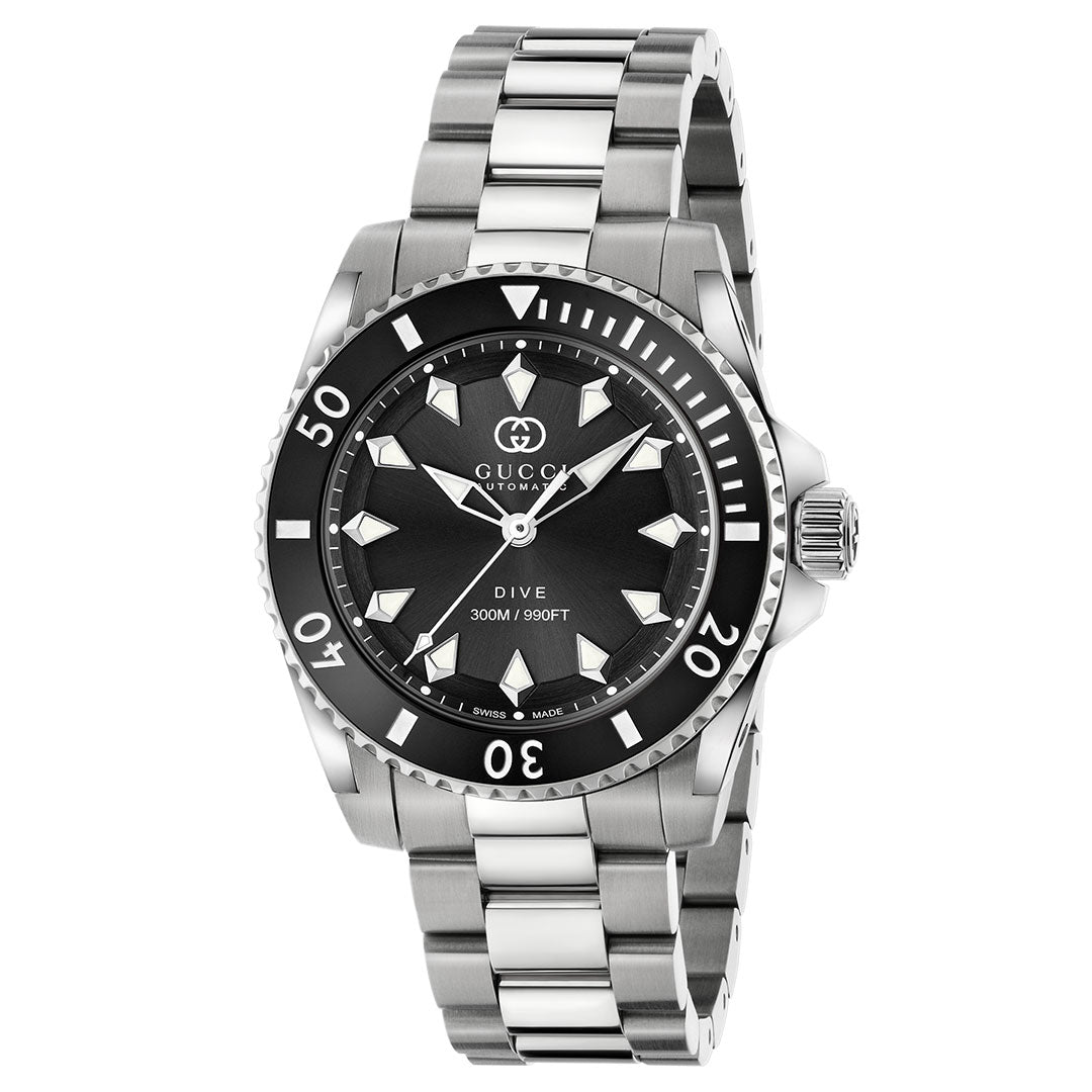 The Gucci Dive Automatic 40mm Watch by GUCCI features automatic movement, a black bezel and dial, luminous markers, stainless steel bracelet, and offers 300M/990FT water resistance.