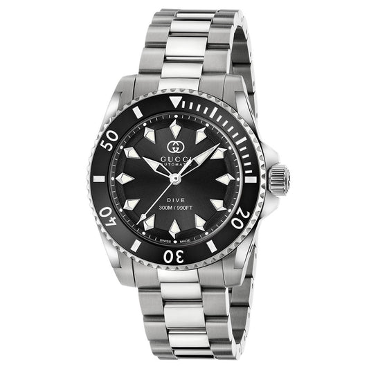 The Gucci Dive Automatic 40mm Watch by GUCCI features automatic movement, a black bezel and dial, luminous markers, stainless steel bracelet, and offers 300M/990FT water resistance.