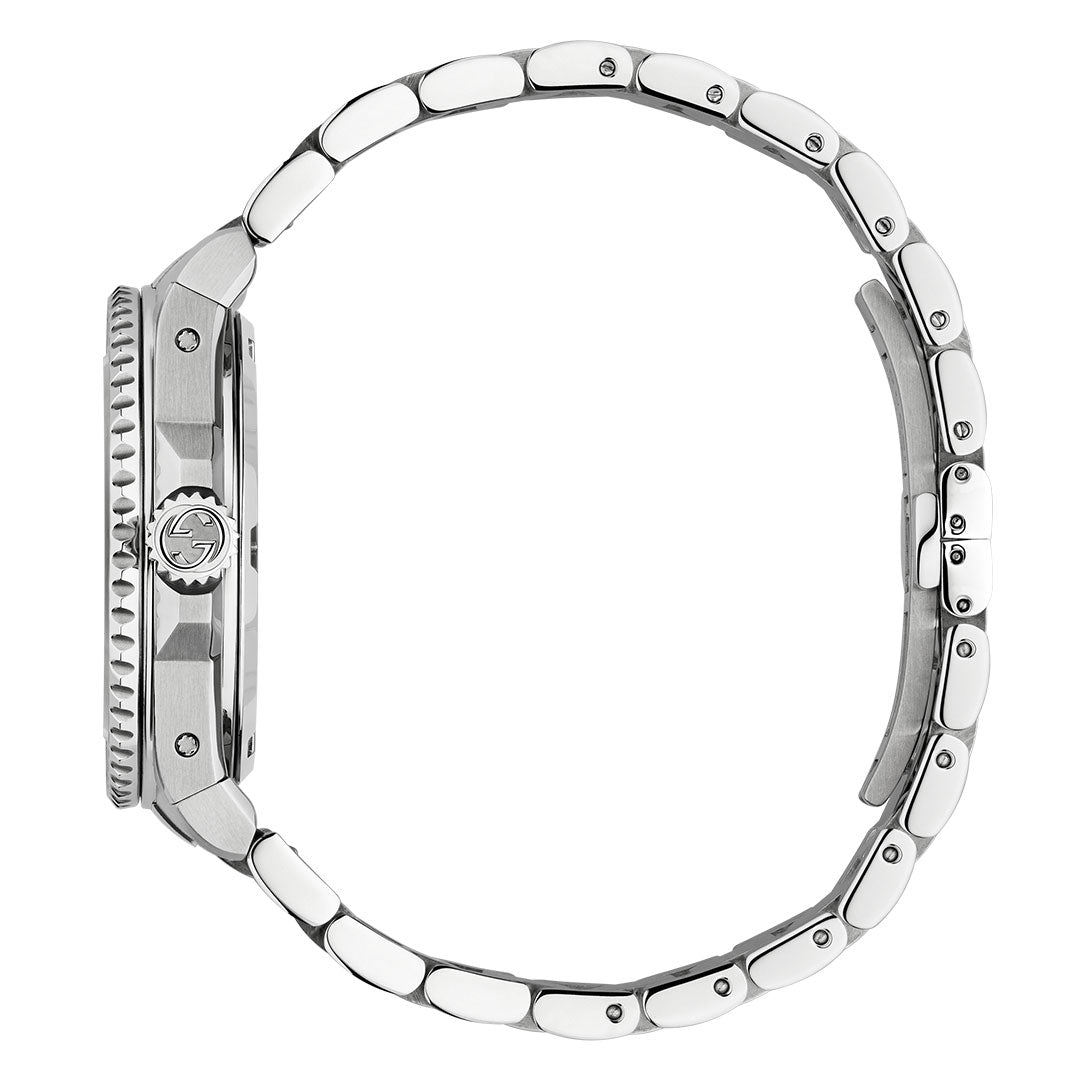 Side view of the Gucci Dive Automatic 40mm Watch by GUCCI Watch, showcasing its stainless steel bracelet, distinct case thickness, detailed crown, and clasp mechanism.