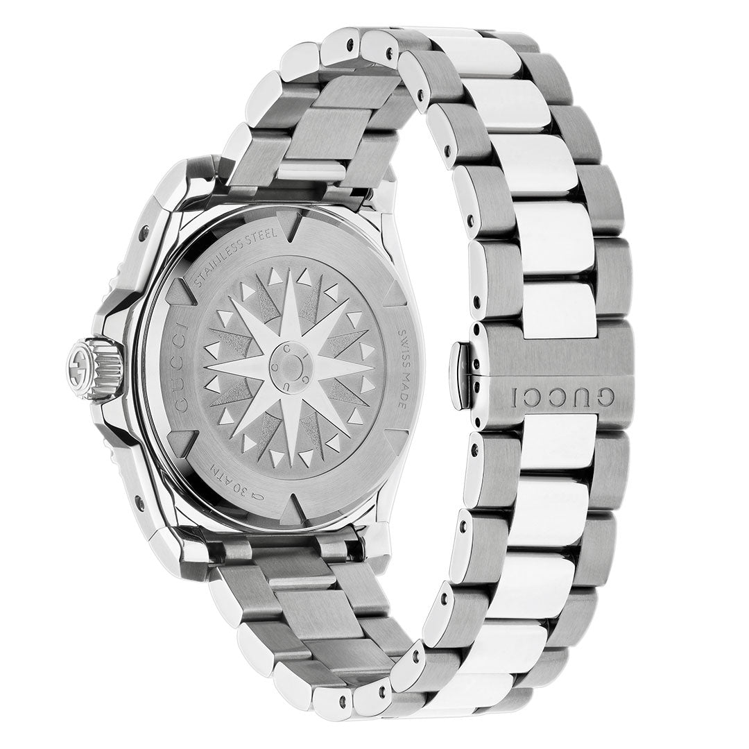 A close-up of the back of a Gucci Dive Automatic 40mm Watch from GUCCI, showing an engraved star design and the GUCCI brand name on the stainless steel bracelet clasp.