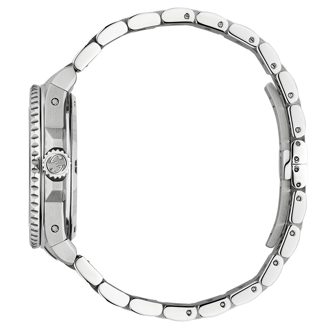 Side view of the Gucci Dive Automatic 40mm Watch by GUCCI, featuring a stainless steel case, bezel, and metal link bracelet with clasp, automatic movement, and an engraved Interlocking G logo on the left-side crown.