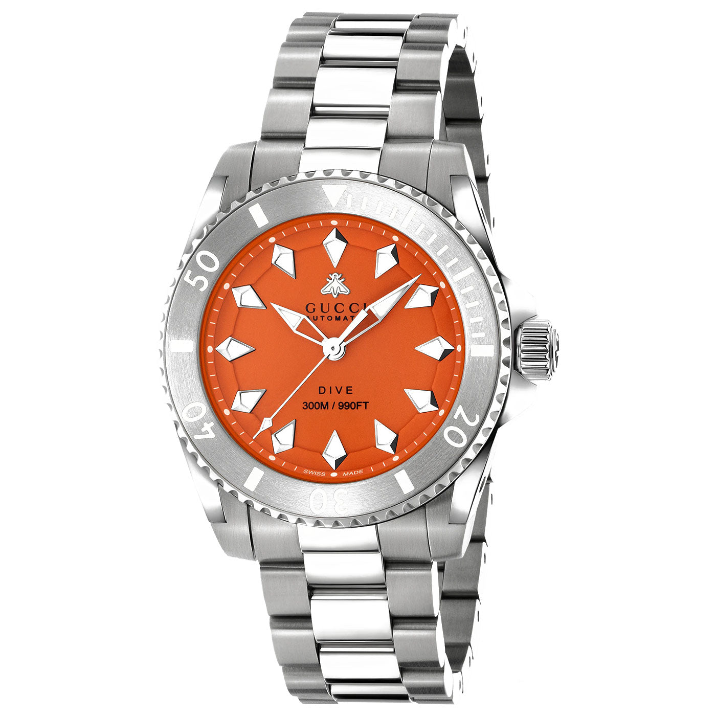 Introducing the Gucci Dive Automatic 40mm Watch by GUCCI, a luxurious silver dive watch featuring an eye-catching orange dial complemented by diamond-shaped hour markers. This stunning timepiece includes a steel bracelet band and a rotating bezel, offering water resistance up to 300 meters or 990 feet, making it an ideal choice for underwater adventures.